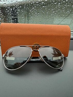 Tory Burch Silver Aviator Sunglasses with grey arms